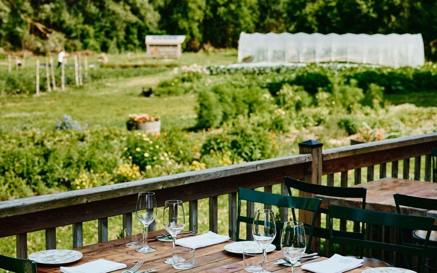 Terrasse avec vue sur le jardin maraicher